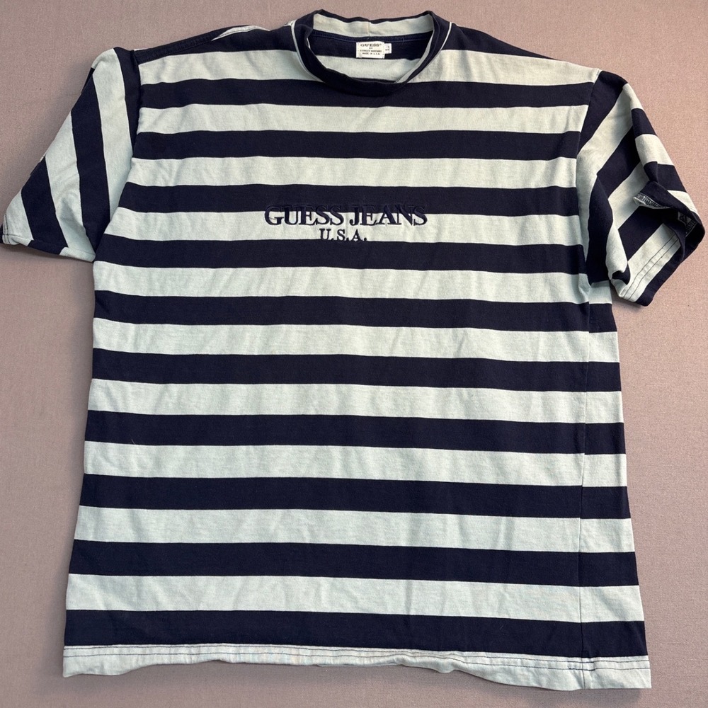 Vintage Guess Jeans USA Georges Marciano Striped T-Shirt Mens Large Navy Green
